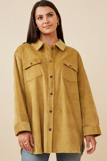 HY6553 Mustard Womens Contrast Paneled Corduroy Button Up Shacket Front